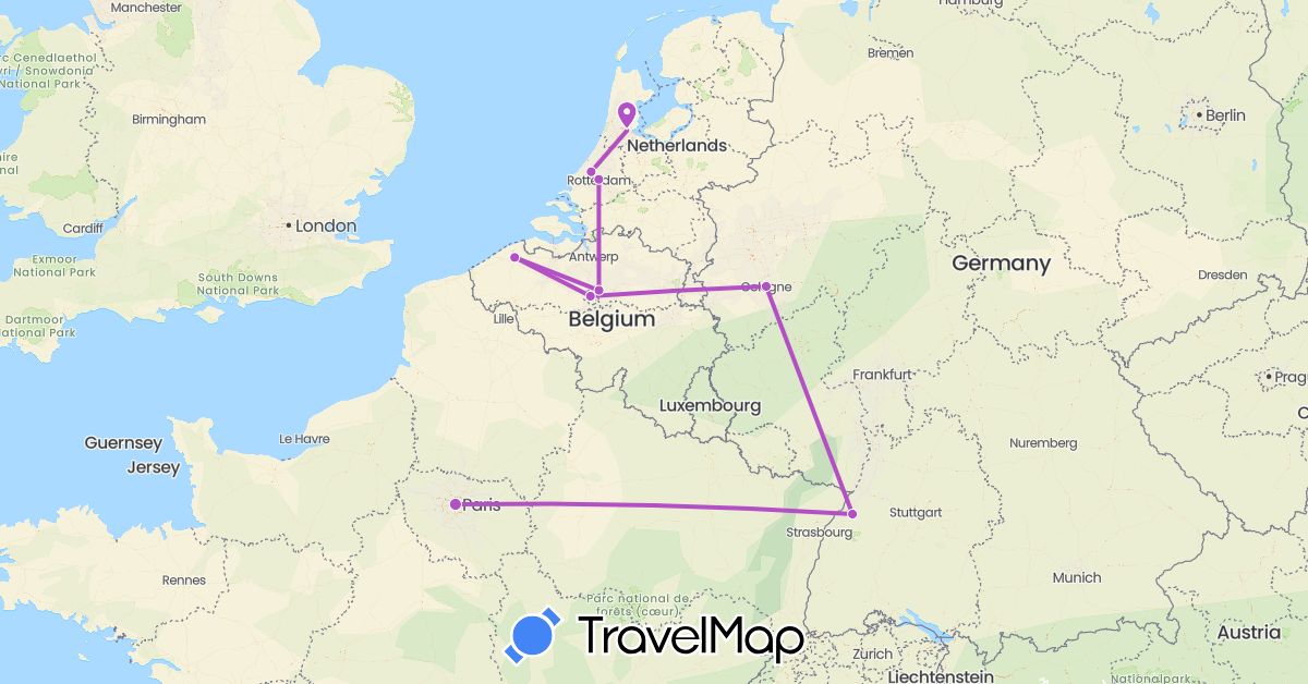 TravelMap itinerary: plane, train in Belgium, Germany, France, Netherlands (Europe)